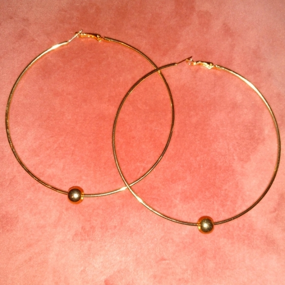 Huge 4 Inch Hoops Oversized Gold Hoop Earrings Bead Accent Bohemian Statement - Picture 2 of 7